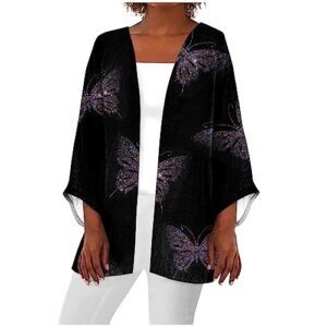 YUTANRAL Womens Summer Tops Floral Printed Lightweight Kimonos Cardigan Casual Loose 3/4 Sleeve Tops Plus Size Cover Ups Ag-black ‎womens Swimsuits & Cover Ups AG