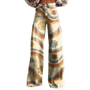 ‎womens Jeans AG VREWARE Women's Flare Jeans Wide Leg Baggy Pant High Waisted Straight Stretch Floral Print Denim Pants with Pockets Large