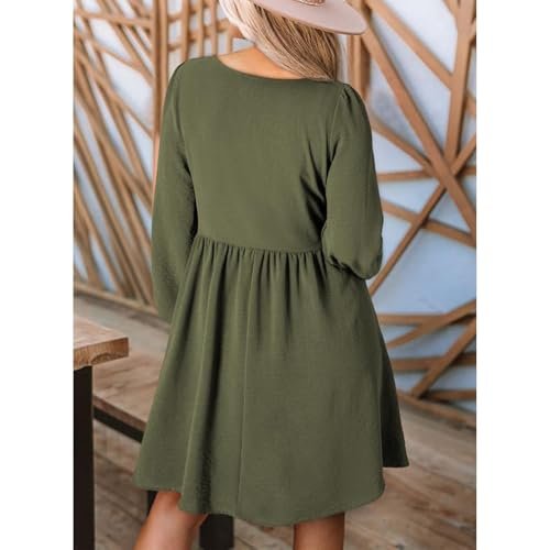 Womens Smocked Crewneck Button Up Long Sleeve Empire Waist A-Line Mini Dress 2025 Casual Swing Dresses XX-Large womens Dresses AG