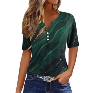 womens Tops, Tees & Blouses AG COTECRAM Summer Tops for Women 2024 Short Sleeve Button V Neck Tshirts Trendy Dressy Casual Blouses Loose Fit Graphic Tunics C Dark Green