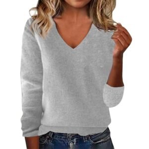 ‎womens Sweaters AG Cashmere Sweaters for Women 2025 Trendy Merino Wool V Neck Sweater Long Sleeve Pullover Tops Wool Knitted Sweaters Grey