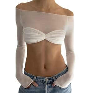 womens Tops, Tees & Blouses AG Women Off Shoulder Shirt Y2K White Long Sleeve Slim Fit Top Tee Sexy Streetwear Blouse Tops(AG-White Crop top,L)