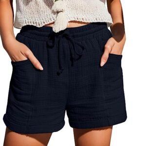 Womens Shorts Linen Shorts for Women 2024 Summer Casual Flowy Shorts High Waisted Trendy Cotton Shorts Beach Shorts A01-navy AG ‎womens Novelty