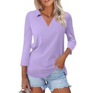 YUTANRAL Polo Shirts for Women 2024 Short Sleeve Summer Tops Button V Neck Business Casual Collared T Shirts Golf Shirts Tees Bd-light P ‎womens Tops, Tees & Blouses AG