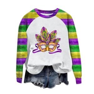 2025 Mardi Gras Shirts For Women Casual Long Sleeve Funny Mask Graphic Top Carnival Themed Party Pullover Sweatshirt White #a ‎womens Fashion Hoodies & Sweatshirts AG