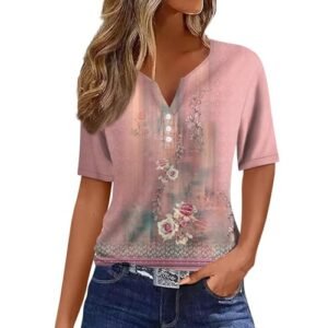 womens Tops, Tees & Blouses AG COTECRAM Summer Tops for Women 2024 Short Sleeve Button V Neck Tshirts Trendy Dressy Casual Blouses Loose Fit Graphic Tunics G Pink