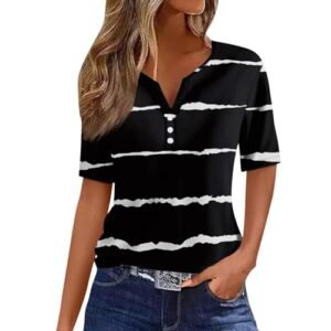 COTECRAM Summer Tops for Women 2024 Short Sleeve Button V Neck Tshirts Trendy Dressy Casual Blouses Loose Fit Graphic Tunics D Black ‎womens T-Shirts AG