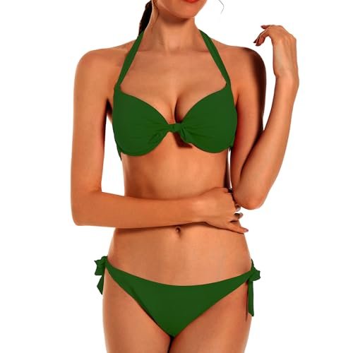 womens Swimsuits & Cover Ups AG Womens Push Up Bikini Set Removable Pad Bikini Top with Underwire Halter Swimwear Side Tie Swimsuit Bathing Suit Army Green