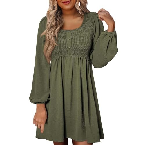 Womens Smocked Crewneck Button Up Long Sleeve Empire Waist A-Line Mini Dress 2025 Casual Swing Dresses XX-Large womens Dresses AG