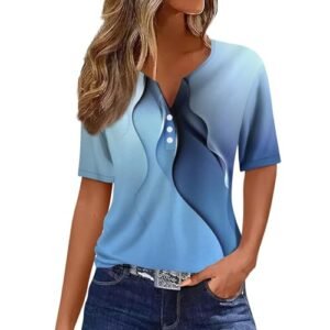 womens Tops, Tees & Blouses AG COTECRAM Summer Tops for Women 2024 Short Sleeve Button V Neck Tshirts Trendy Dressy Casual Blouses Loose Fit Graphic Tunics C Sky Blue