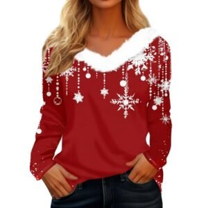 ‎womens Tops, Tees & Blouses AG YUTANRAL Christmas Shirts for Women 2024 Funny Xmas Graphic Long Sleeve Tops Fuzzy V Neck T Shirts Pullover Ai-red