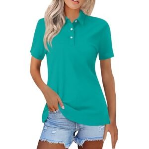 ‎womens Tops, Tees & Blouses AG YUTANRAL Polo Shirts for Women 2024 Short Sleeve Summer Tops Button V Neck Business Casual Collared T Shirts Golf Shirts Tees Ad-turquoise