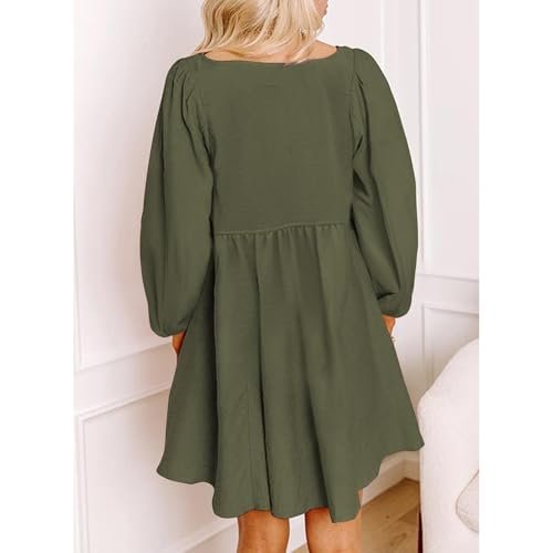 Womens Smocked Crewneck Button Up Long Sleeve Empire Waist A-Line Mini Dress 2025 Casual Swing Dresses XX-Large womens Dresses AG
