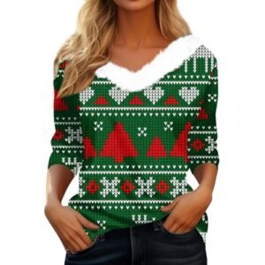 ‎womens Tops, Tees & Blouses AG YUTANRAL Christmas Shirts for Women 2024 Funny Xmas Graphic Long Sleeve Tops Fuzzy V Neck T Shirts Pullover Ac-dark Gr