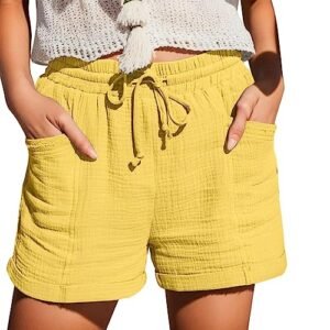 Womens Shorts Linen Shorts for Women 2024 Summer Casual Flowy Shorts High Waisted Trendy Cotton Shorts Beach Shorts A01-yellow AG ‎womens Active
