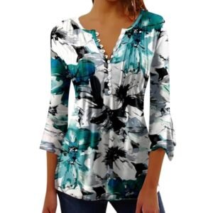 ‎womens Tops, Tees & Blouses AG Bohemian Tops for Women 2025 Trendy Sexy Elegant T-Shirts Boho Floral Print 3/4 Bell Sleeve v Neck Shirts Blouse Blue-c