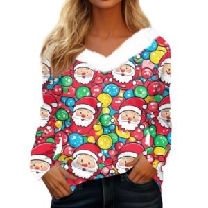 womens Sweaters AG YUTANRAL Christmas Shirts for Women 2024 Funny Xmas Graphic Long Sleeve Tops Fuzzy V Neck T Shirts Pullover Aj-red
