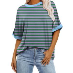 womens Tops, Tees & Blouses AG Women's Loose Striped Gradient T Shirts Round Neck Color Block Basic Short Sleeved Casual Fashion Tops A-ag