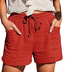 ‎womens Women AG Womens Shorts Linen Shorts for Women 2024 Summer Casual Flowy Shorts High Waisted Trendy Cotton Shorts Beach Shorts A01-red
