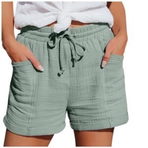 ‎womens Shorts AG Womens Shorts Linen Shorts for Women 2024 Summer Casual Flowy Shorts High Waisted Trendy Cotton Shorts Beach Shorts A00-green