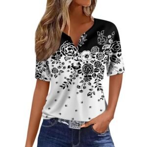 AG T-Shirts ‎womens COTECRAM Summer Tops for Women 2024 Short Sleeve Button V Neck Tshirts Trendy Dressy Casual Blouses Loose Fit Graphic Tunics F Black