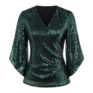 Womens Sequin Tops 3/4 Sleeve Glitter Sparkly Party Blouse V-Neck Dressy Tops for Evening Party Small AG ‎womens Tops, Tees & Blouses