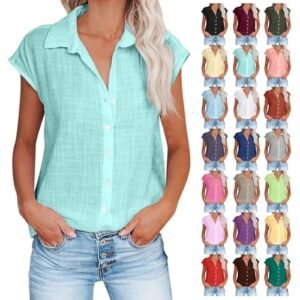 AG Linen Shirts for Women Summer Button Down Cap Sleeve Shirts Casual Loose Solid V Neck Tops Business Casual Blouses Large ‎womens Tennis Equipment