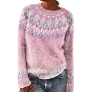 ‎womens Sweaters AG Women's Fair Isle Knitted Sweater Vintage Long Sleeve Boat Neck Retro Lightweight Pullover Top for 2024 Fall Winter Medium