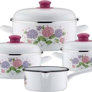 Topfsets GSW GSW Topf-Set Hortensie, Stahl-Emaille (Set, 7-tlg., je 1 Kochtopf Ø 16/20/24 cm, 1x Stielkasserolle Ø 16 cm), Induktion