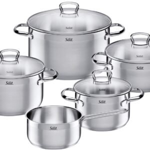 Silit Topf-Set Toskana, teilmattiert, Induktions Töpfe Set unbeschichtet, Edelstahl 18/10 (Set, 9-tlg., Bratentopf Ø 20 cm, Fleischtopf Ø 16/20/24 cm, Stielkasserolle Ø 16 cm), mit Glasdeckel, für alle Herdarten geeignet, ohne Innenskalierung Silit Suppentöpfe