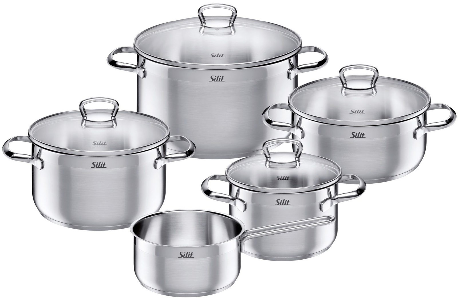 Silit Topf-Set Toskana, teilmattiert, Induktions Töpfe Set unbeschichtet, Edelstahl 18/10 (Set, 9-tlg., Bratentopf Ø 20 cm, Fleischtopf Ø 16/20/24 cm, Stielkasserolle Ø 16 cm), mit Glasdeckel, für alle Herdarten geeignet, ohne Innenskalierung Silit Suppentöpfe