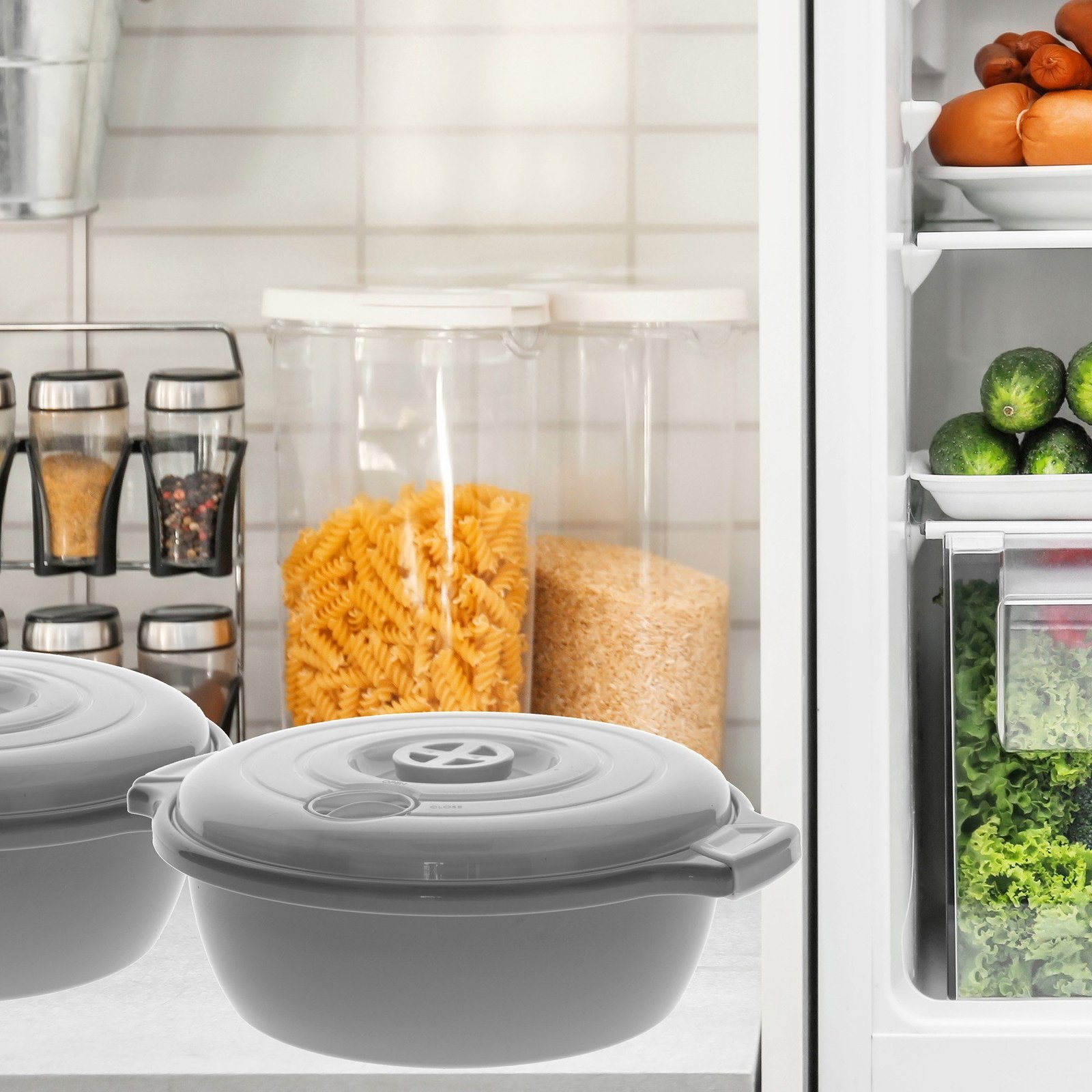 Lantelme Mikrowellenbehälter Mikrowellenschüssel Set rund, lebensmittelecht, (Spar-Set, 2-tlg., 2x 2,0 Liter, 2x Mikrowellenschüssel, 2x Deckel), 2er Set mit Deckel und Dampfventil Grau Frischhaltedosen Lantelme