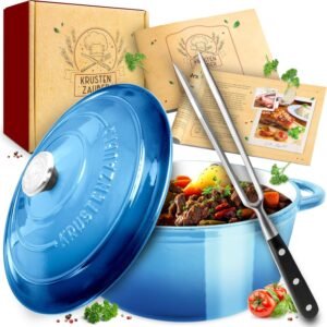 Krustenzauber Schmortöpfe Krustenzauber Schmortopf Gusseisen Topf [inkl. Fleischgabel] backofengeeignet, (Idealer Bräter mit Deckel Backofengeeignet, Kochtopf Induktion, Emaille, Bratentopf Cast Iron) Blau
