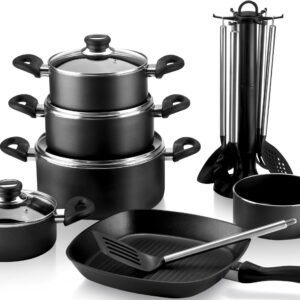 Kru00FCger Topfsets Krüger Topf-Set Aluguss Topf- und Pfannenset inkl. praktischen Küchenhelfern, 17 tlg., Aluminiumguss (Set, 17-tlg., Fleischtopf 16/18/20/24cm, Stieltopf 16cm Steakpfanne 7 T.Küchenhelfer), inkl. 7-tlg. Küchenhelfer-Set schwarz