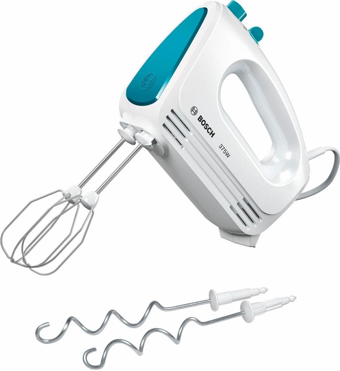 BOSCH Handmixer CleverMixx MFQ2210D, Edelst. Rührbesen/Knethaken, 4 Stufen, weiß/blau, 375 W, Auswurftaste, leichtes Gehäuse, Made in Europe BOSCH Handmixer