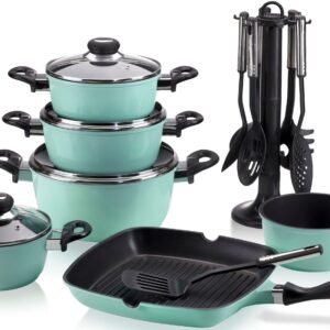 Kru00FCger Topfsets Krüger Topf-Set Aluguss Topf- und Pfannenset inkl. praktischen Küchenhelfern, 17 tlg., Aluminiumguss (Set, 17-tlg., Fleischtopf 16/18/20/24cm, Stieltopf 16cm Steakpfanne 7 T.Küchenhelfer), inkl. 7-tlg. Küchenhelfer-Set mint