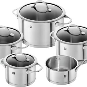 Zwilling Topf-Set Essence, Edelstahl 18/10 (Set, 9-tlg., je 1 Kochtopf Ø 16/20/24 cm, 1 Bratentopf Ø 20 cm, 1 Stieltopf Ø 16 cm), Sandwichboden sehr gute Wärmeverteilung Füllskala Edelstahlgussgriffe Topfsets Zwilling
