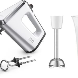 Krups Handmixer 3, Mix 9000, 750 W, inkl. Schneebesen, Knethaken, Pürierstab-Aufsatz, Messbecher, GN9121 Krups Handmixer