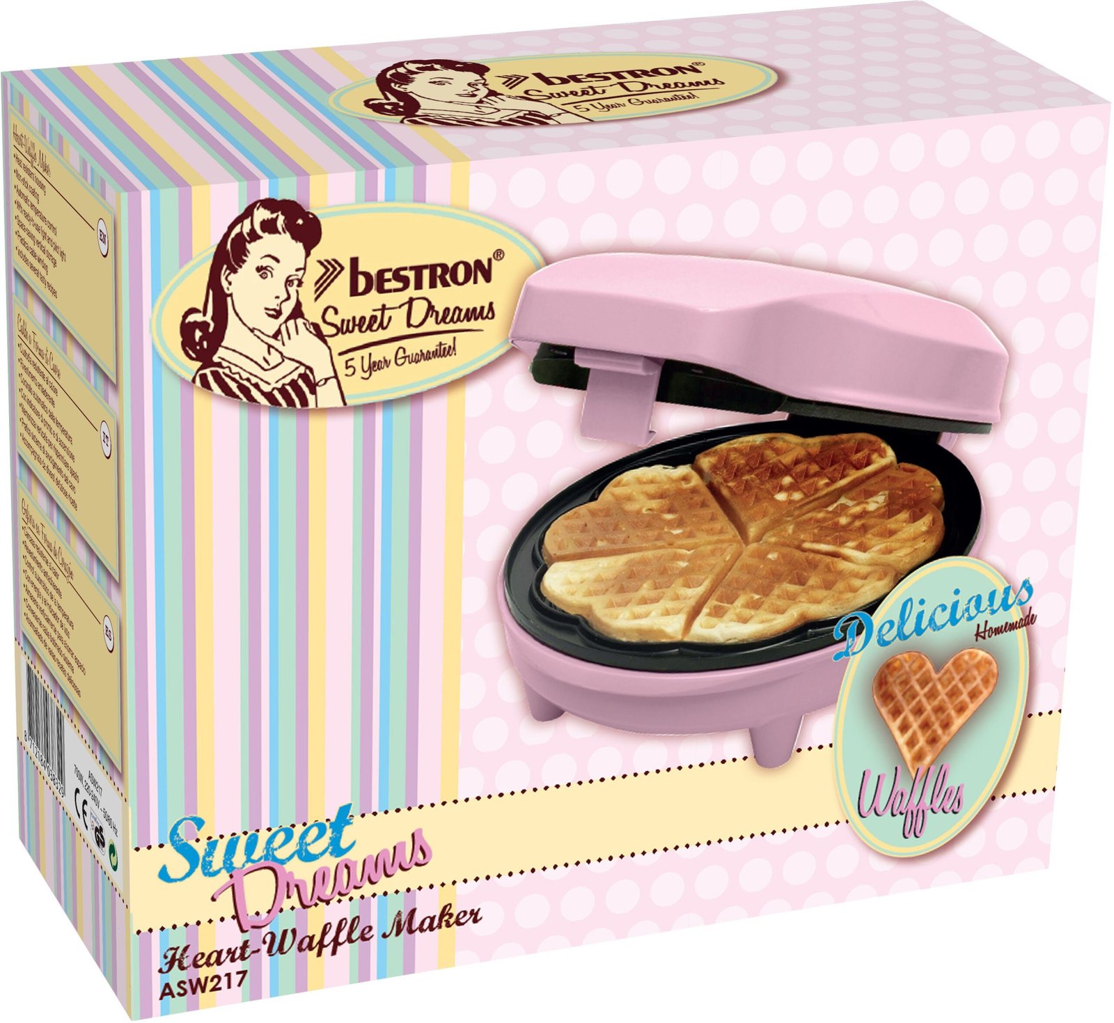 bestron Waffeleisen ASW217, 700 W, für klassische Herzwaffeln, mit Antihaftbeschichtung, Retro Design ASW217 pink Herzwaffeleisen bestron