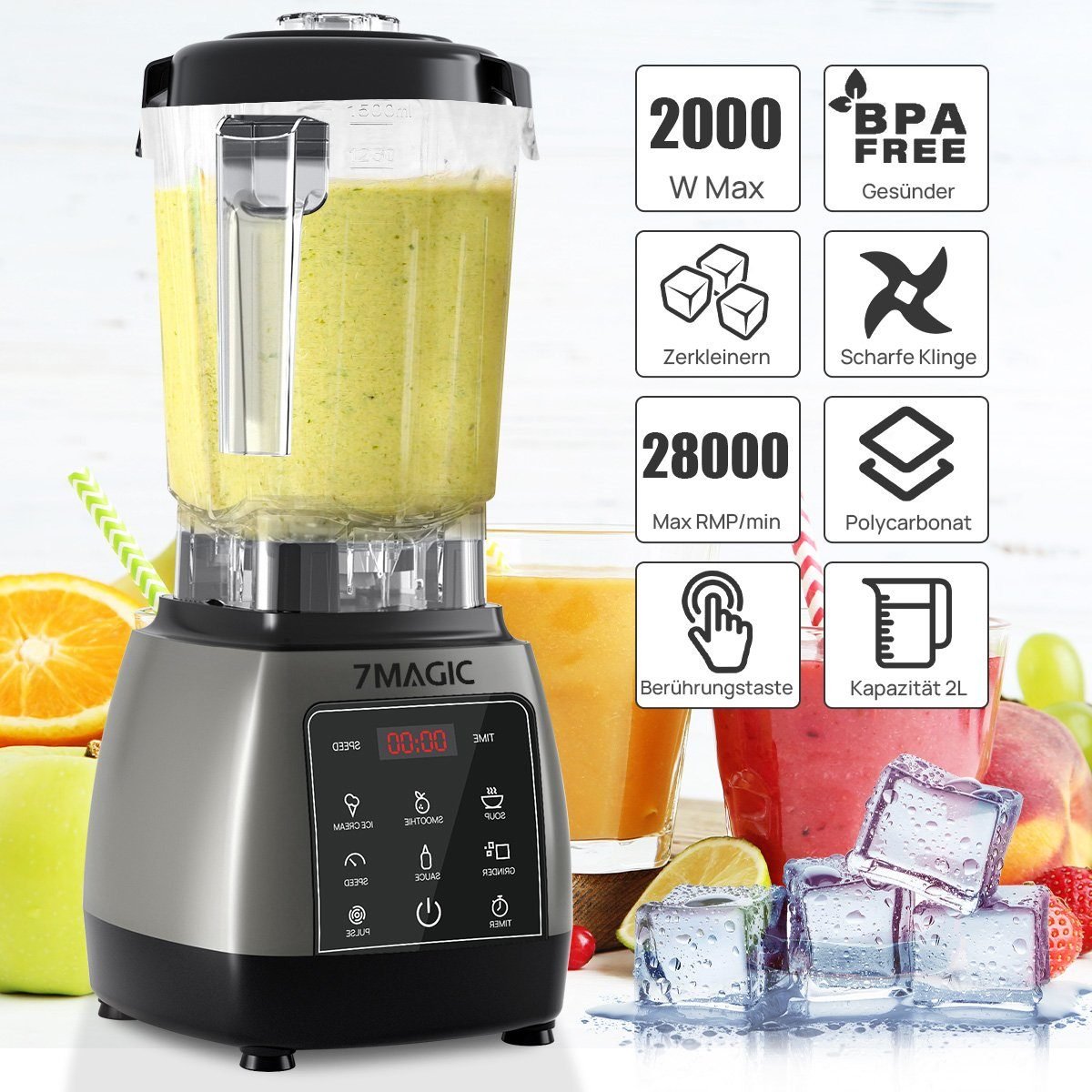 7MAGIC Standmixer Pulsfunktion, Timer, 5 intelligentes Programm Smoothie Maker, 2000 W, max. 28.000 U/min Hochleitungsmixer mit Touchpanel LED Display Standmixer 7MAGIC