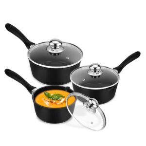 Eisenbach Kasserolle Stielkasserolle Ø 16/18/20 cm Induktions Töpfe Set mit Glasdeckel, Aluminium (3 tlg Kochtopf Set für alle Herdarten, 3-tlg., 1,3 L Milchtopf+1,9 L Soßentopf+2,3 L Stielkasserolle), induktionsgeeignet Kasserollen Eisenbach