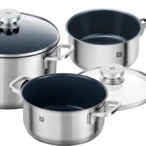 Zwilling Zwilling Topf-Set Focus, Edelstahl 18/10 (Set, 5-tlg., 1x Kochtopf Ø 24 cm, 1x Bratentopf Ø 20 cm, 1x Kasserolle Ø 16 cm), Glasdeckel, Sandwichboden, sehr gute Wärmeverteilung, inkl. Füllskala Topfsets