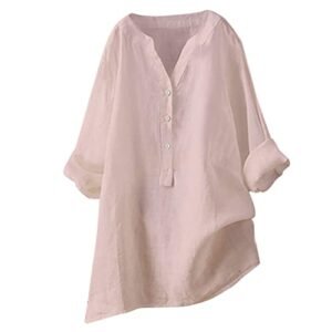 womens Tops, Tees & Blouses AG Womens Cotton Linen Shirts Solid Color 3/4 Sleeve Tunic Tops Oversized Tshirts for Women Casual V Neck Dressy Blouses XX-Large