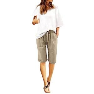 AG Shorts ‎womens Bermuda Shorts for Women Knee Length Plus Size Cotton Linen Casual Shorts Drawstring High Waist Shorts with Pockets Large
