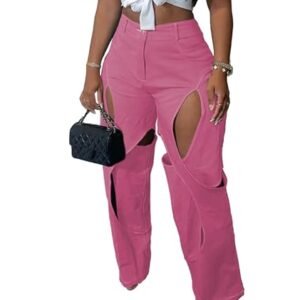 ‎womens Pants AG SOMTHRON Women's Sexy Hollow Out High Waisted Pants Criss Cross Straight Wide Leg Loose Trousers Y2K Streetwear Pink