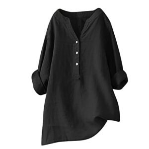 womens Tops, Tees & Blouses AG Womens Cotton Linen Shirts Solid Color 3/4 Sleeve Tunic Tops Oversized Tshirts for Women Casual V Neck Dressy Blouses 5X-Large