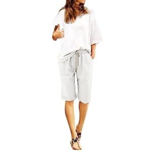 AG Shorts ‎womens Bermuda Shorts for Women Knee Length Plus Size Cotton Linen Casual Shorts Drawstring High Waist Shorts with Pockets 4X-Large
