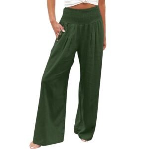 ‎womens Pants AG Summer High Waisted Cotton Linen Palazzo Pants for Women Wide Leg Long Lounge Pant Trousers with Pocket X-Large