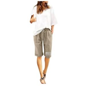 Bermuda Shorts for Women Knee Length Plus Size Cotton Linen Casual Shorts Drawstring High Waist Shorts with Pockets Large ‎womens Shorts AG
