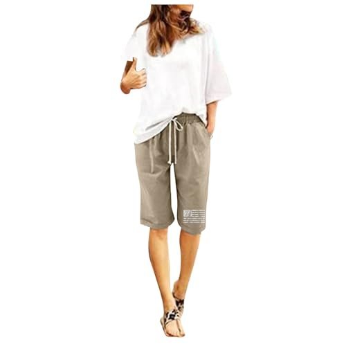 Bermuda Shorts for Women Knee Length Plus Size Cotton Linen Casual Shorts Drawstring High Waist Shorts with Pockets Large womens Shorts AG